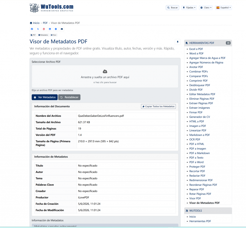 Consultar los metadatos de un PDF online con WuTools