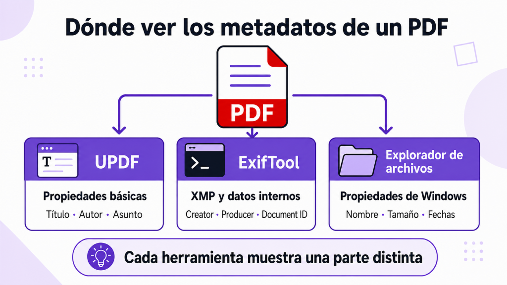 Diferencias entre metadatos PDF, XMP y propiedades de Windows