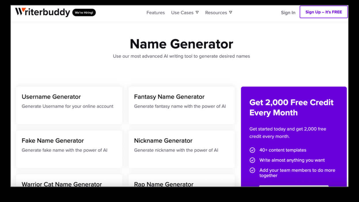 ai band name generator website interface of writerbuddy ai band name generator