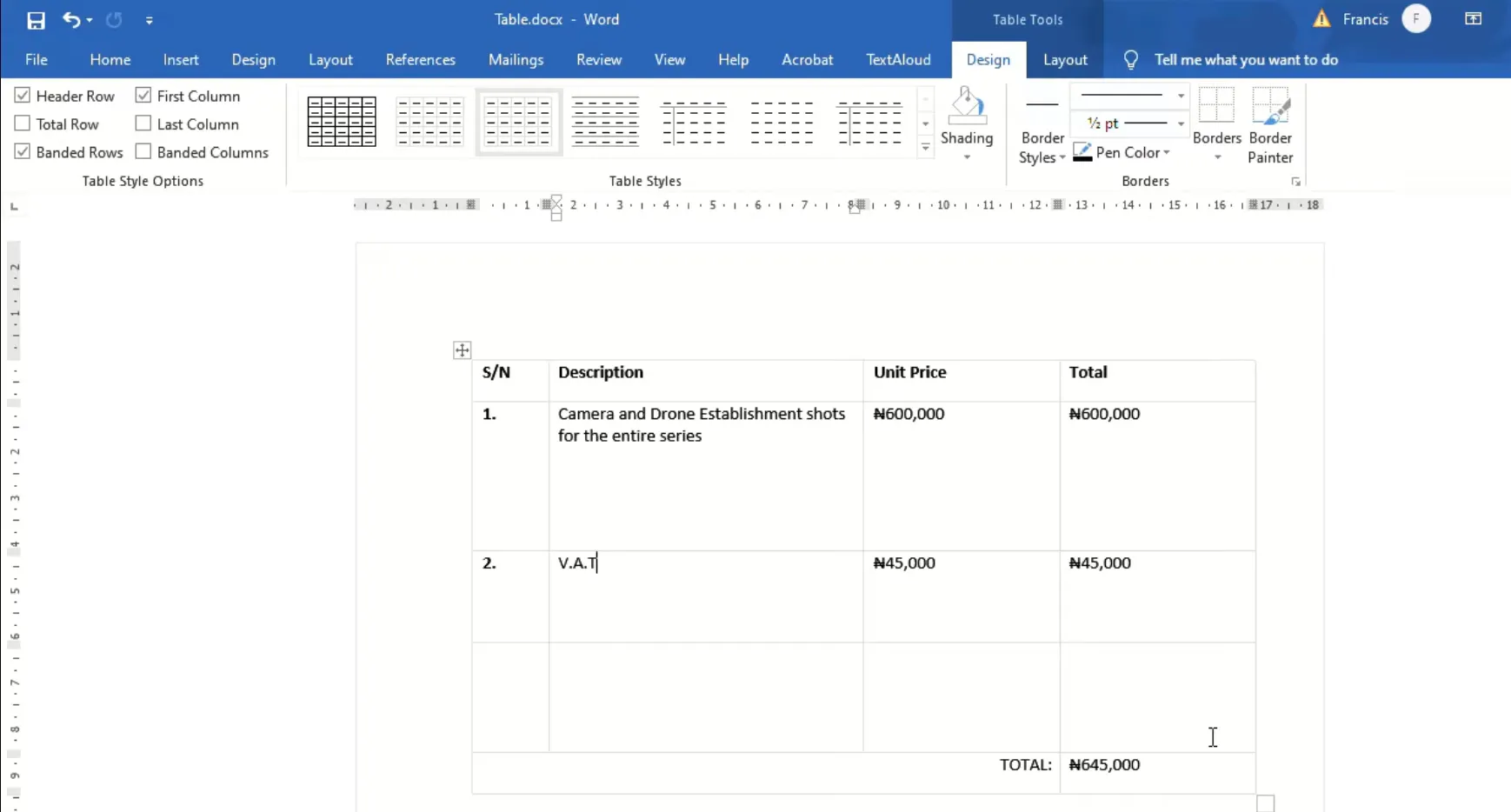 在 pdf 中建立表格 在 word 中建立表格