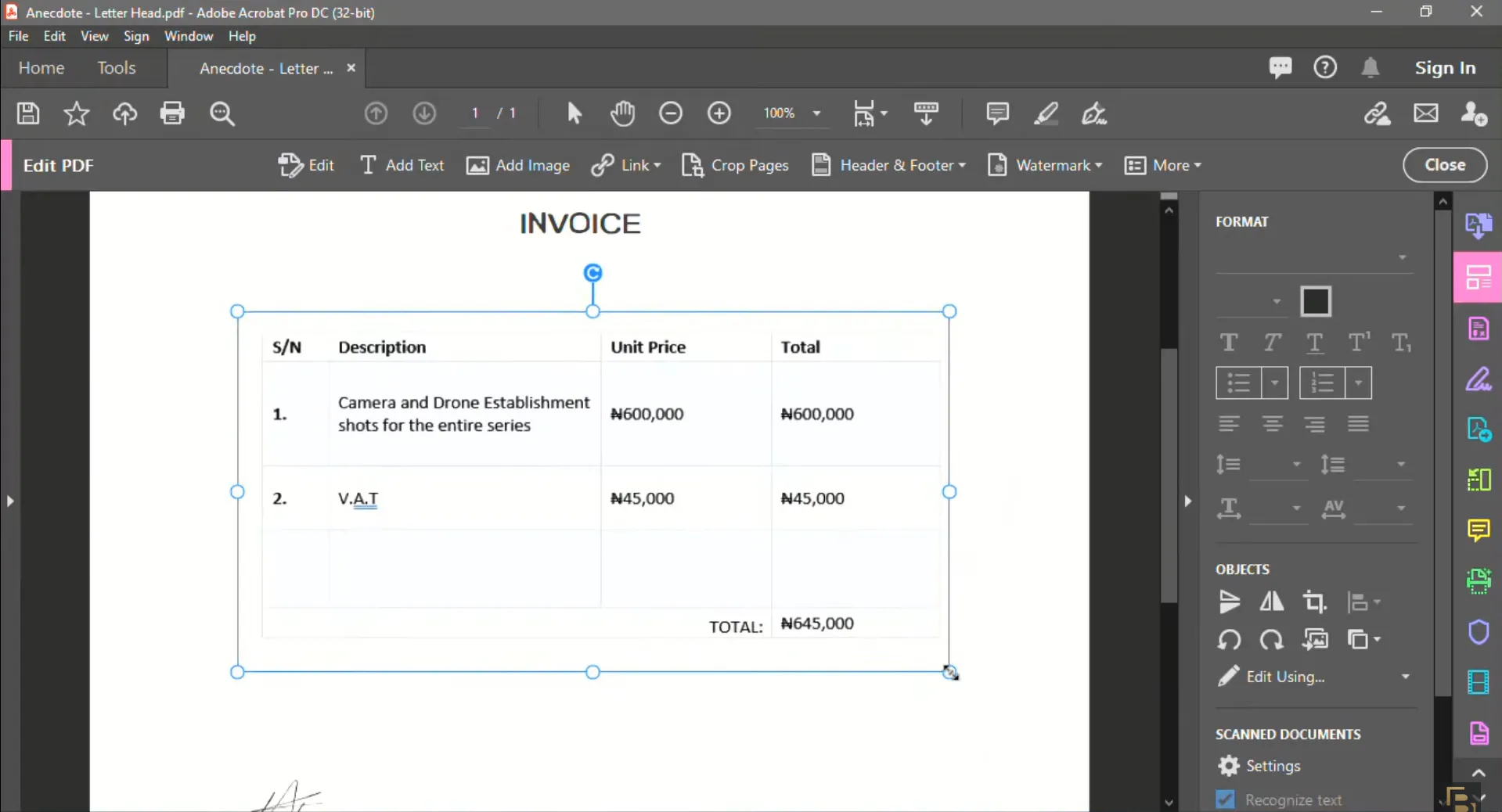 create a table in pdf adobe adjust