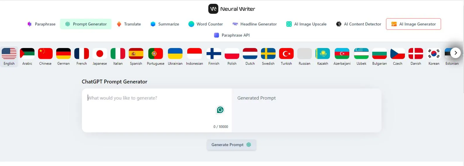 generatore di prompt ai Sito Web NeuralWriter