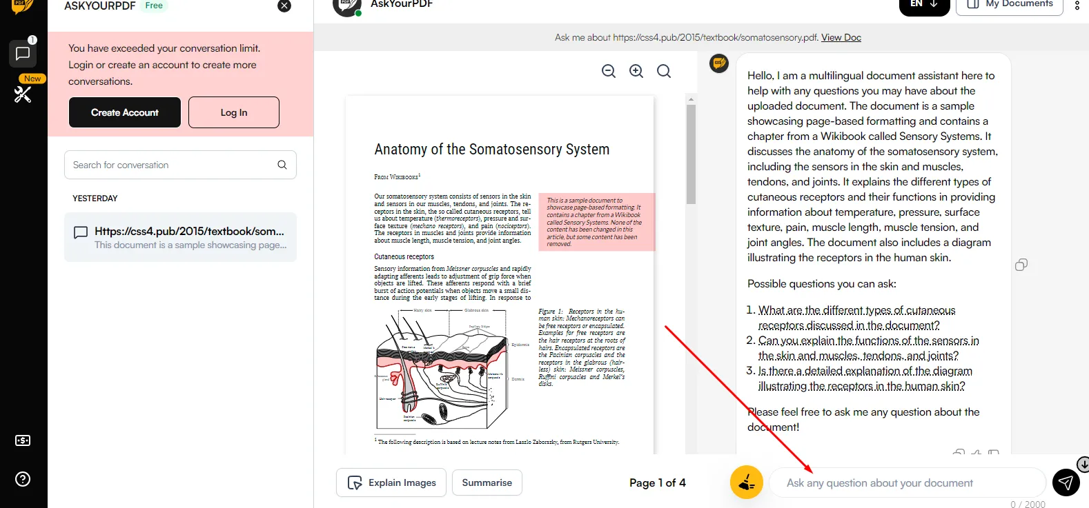 chat pdf online A chat box to type any query