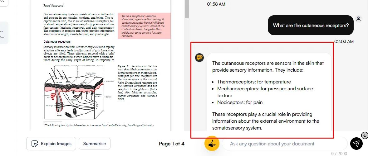PDF 온라인 채팅 질문에 대한 AskYourPDF 응답  