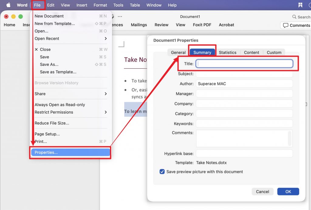 change the title in word mac