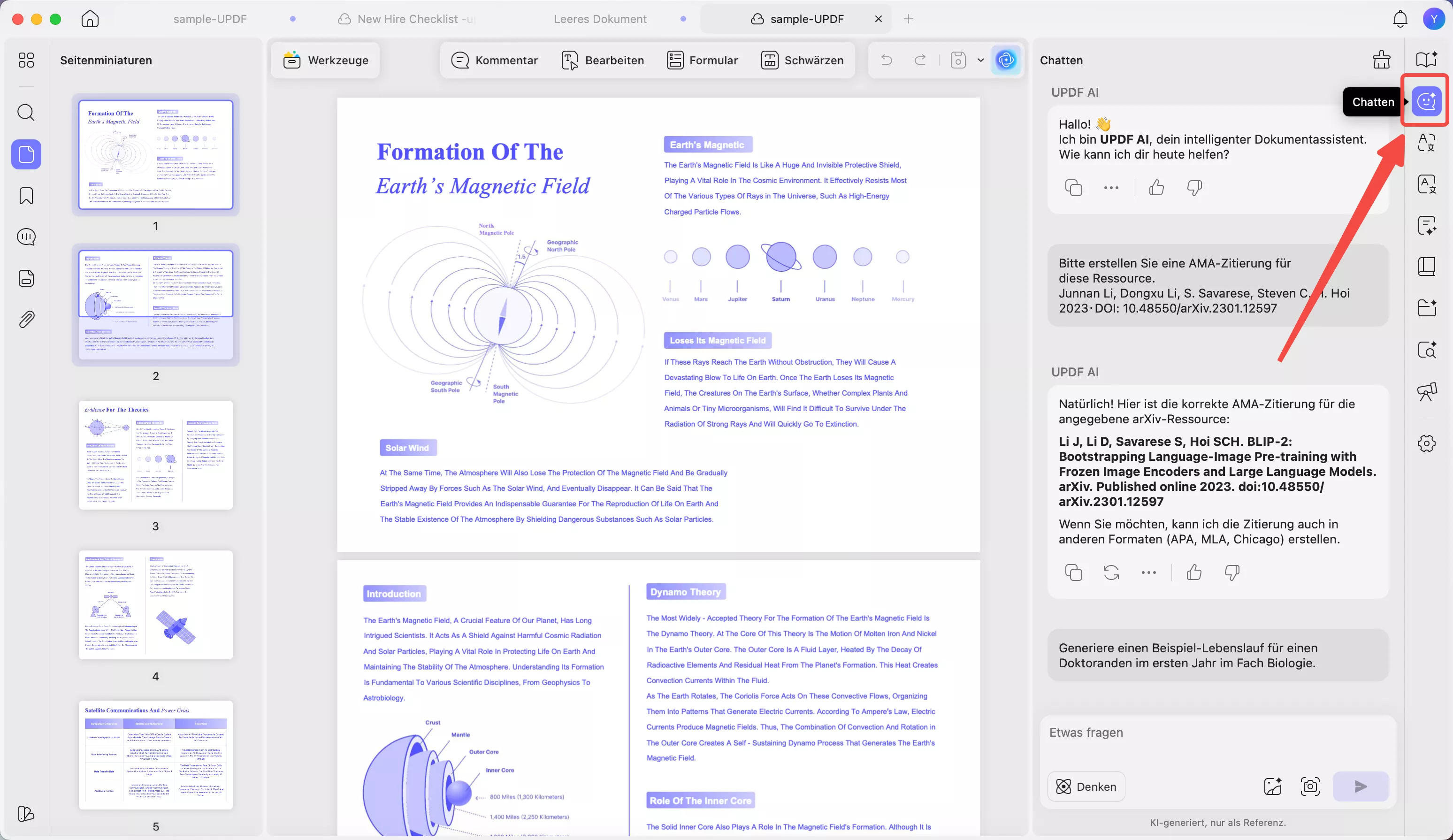Klicken Sie in der UPDF AI Seitenleiste auf den Reiter „Chatten“