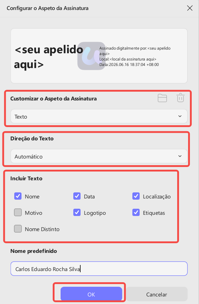 configurar o aspeto da assinatura
