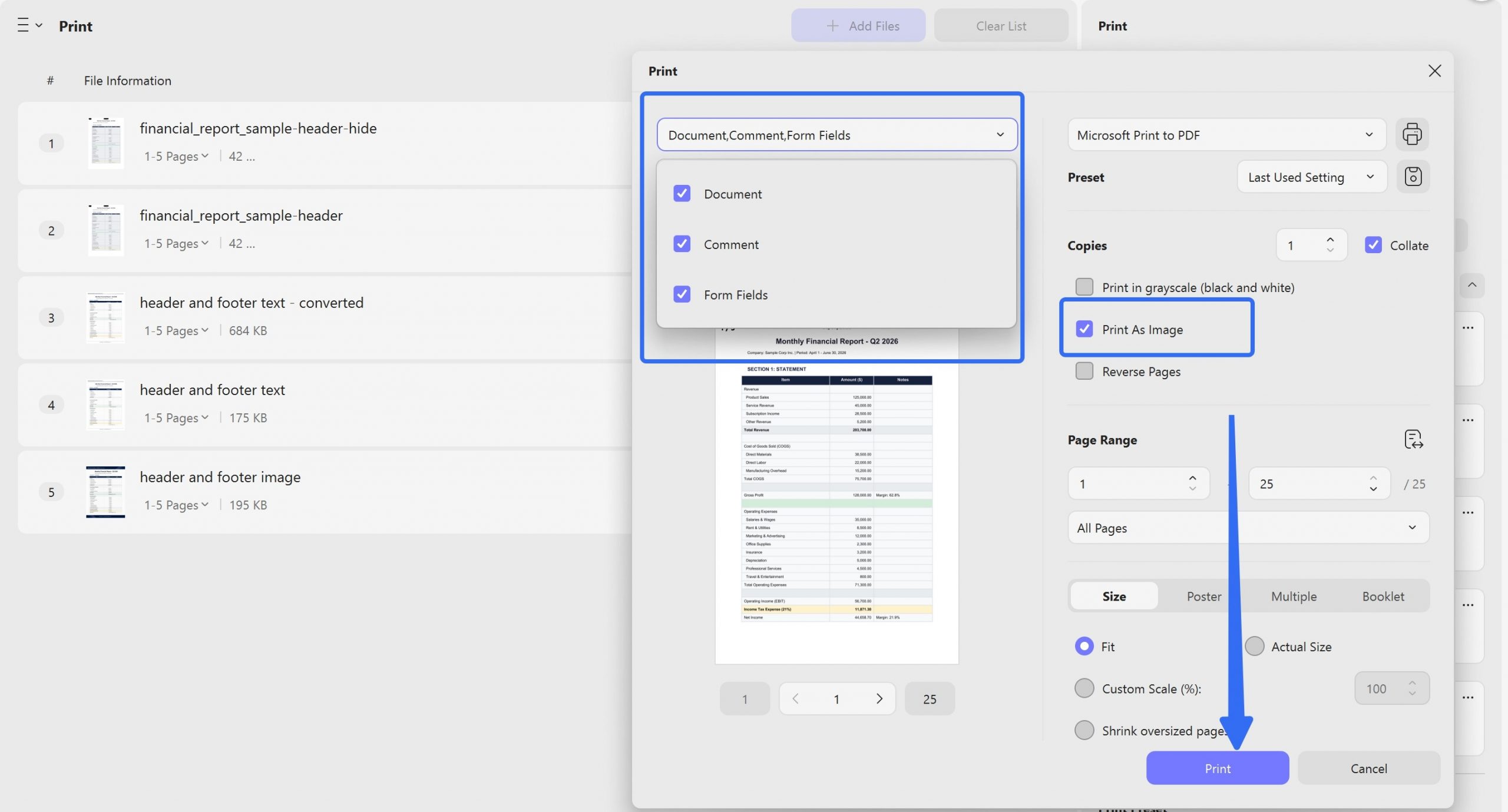 convert fillable pdf to regular pdf on print settings