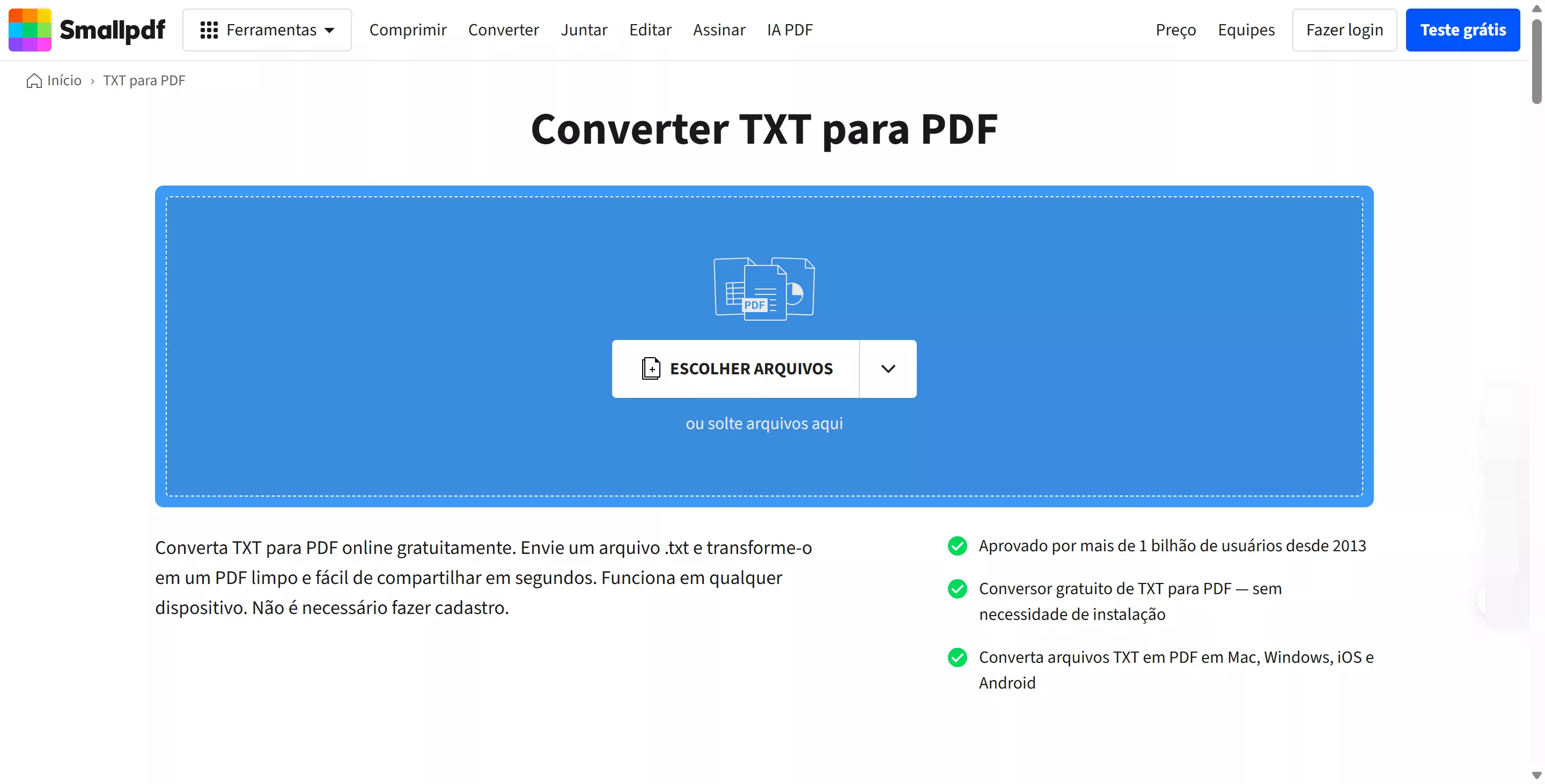 Converter TXT em PDF no SmallPDF