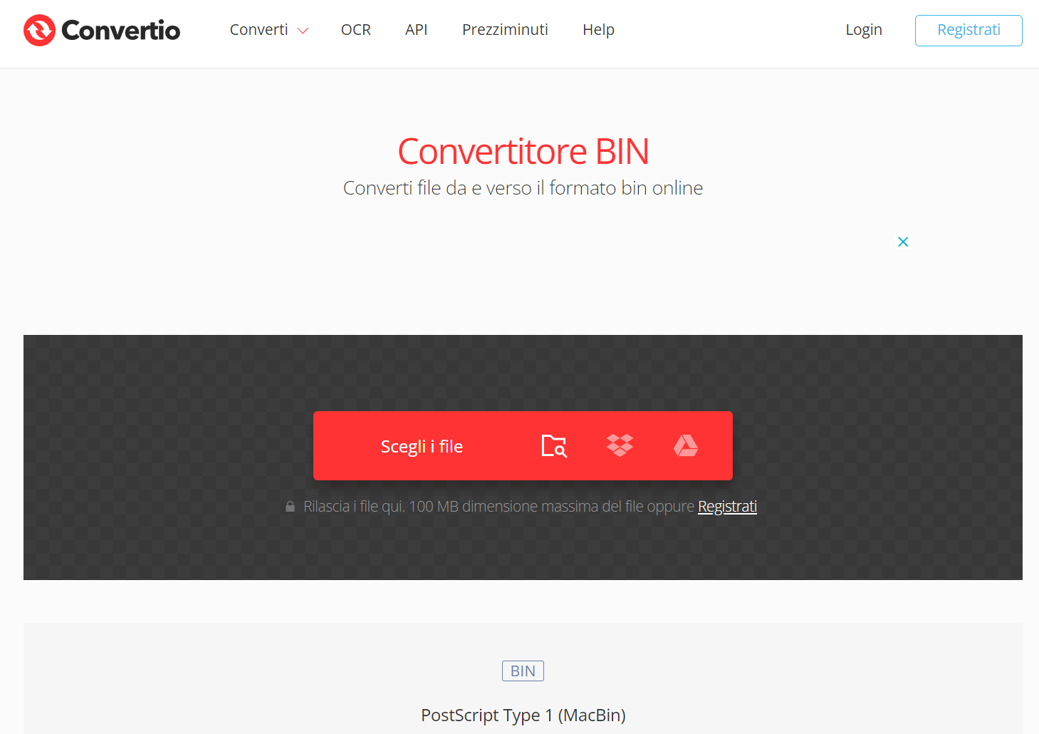 Convertire da BIN a PDF online tramite Convertio