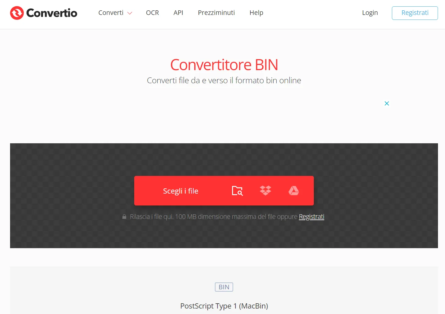 Convertire da BIN a PDF online tramite Convertio