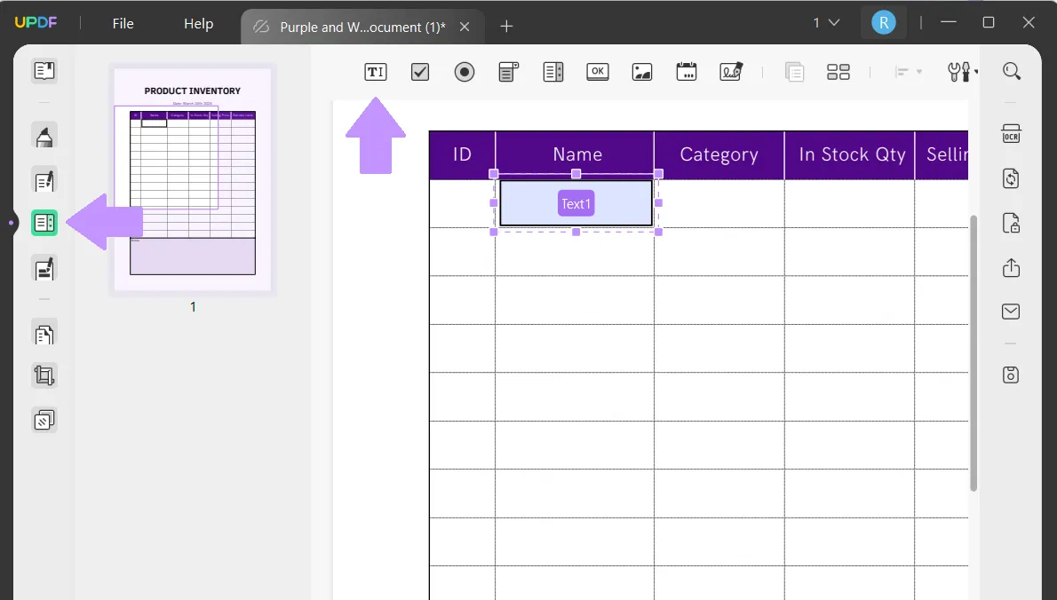 create a table in pdf add text field