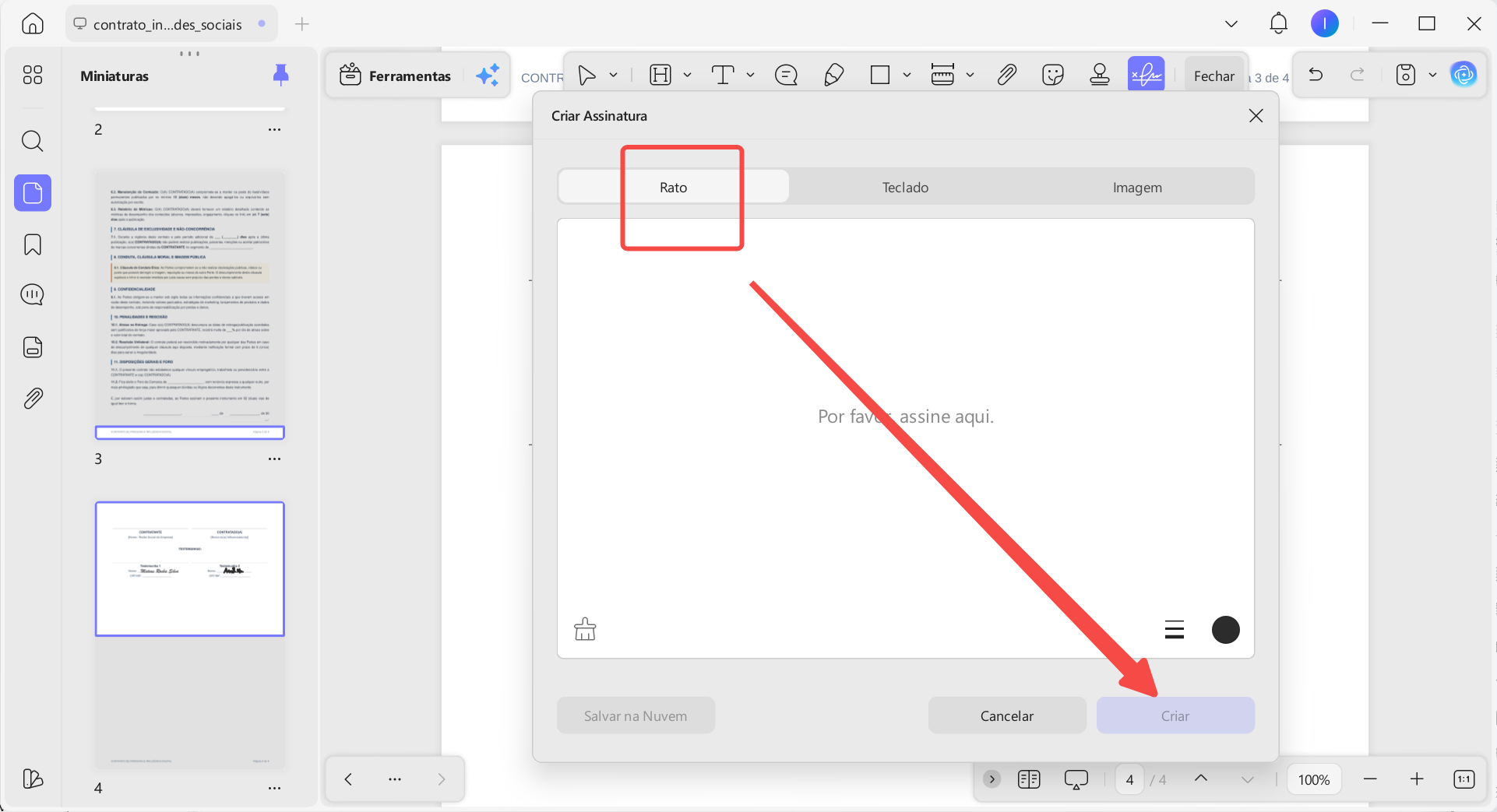 colocar uma assinatura manuscrita em um contrato PDF