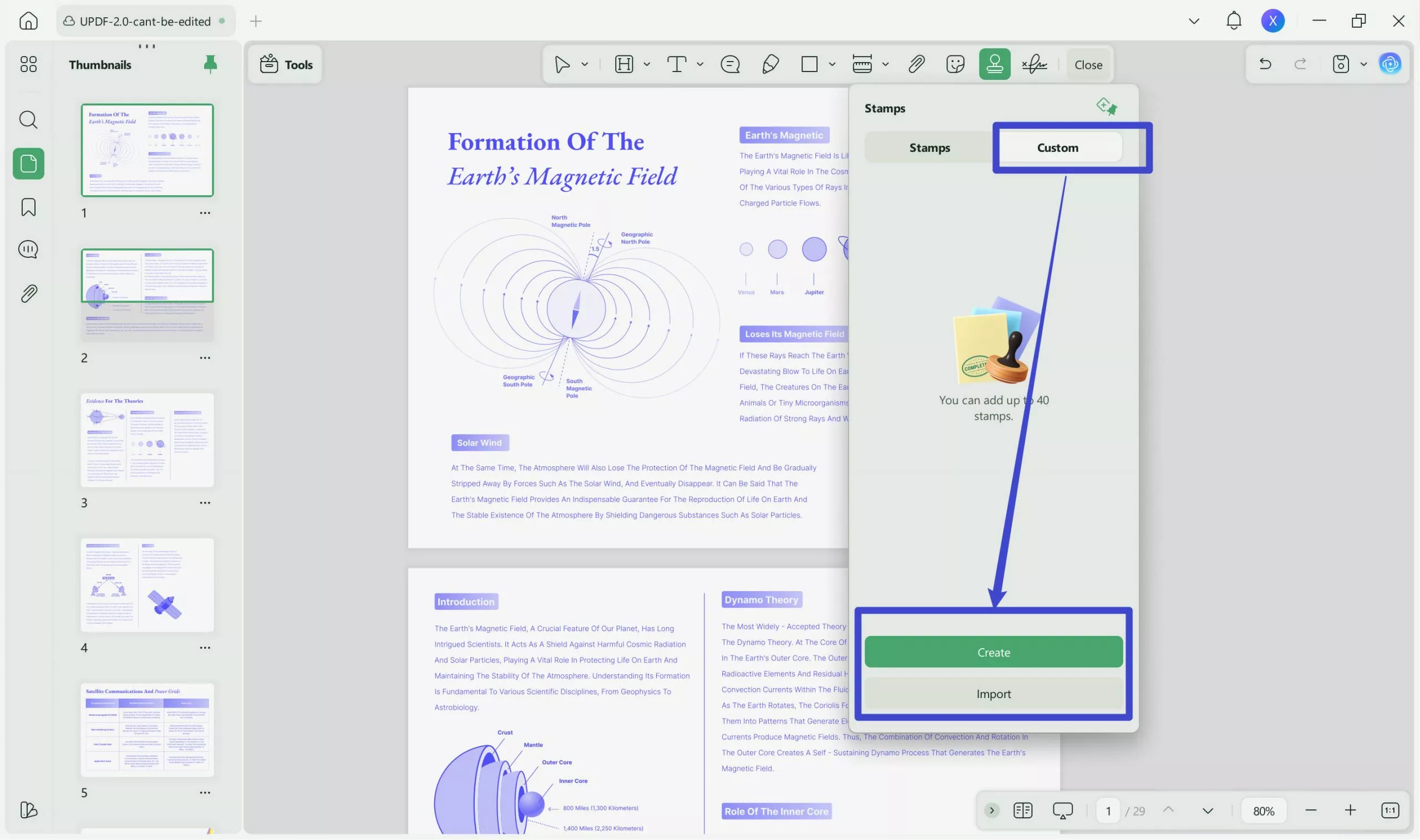 click on the "Create" stamp to add signature stamp in PDF with UPDF