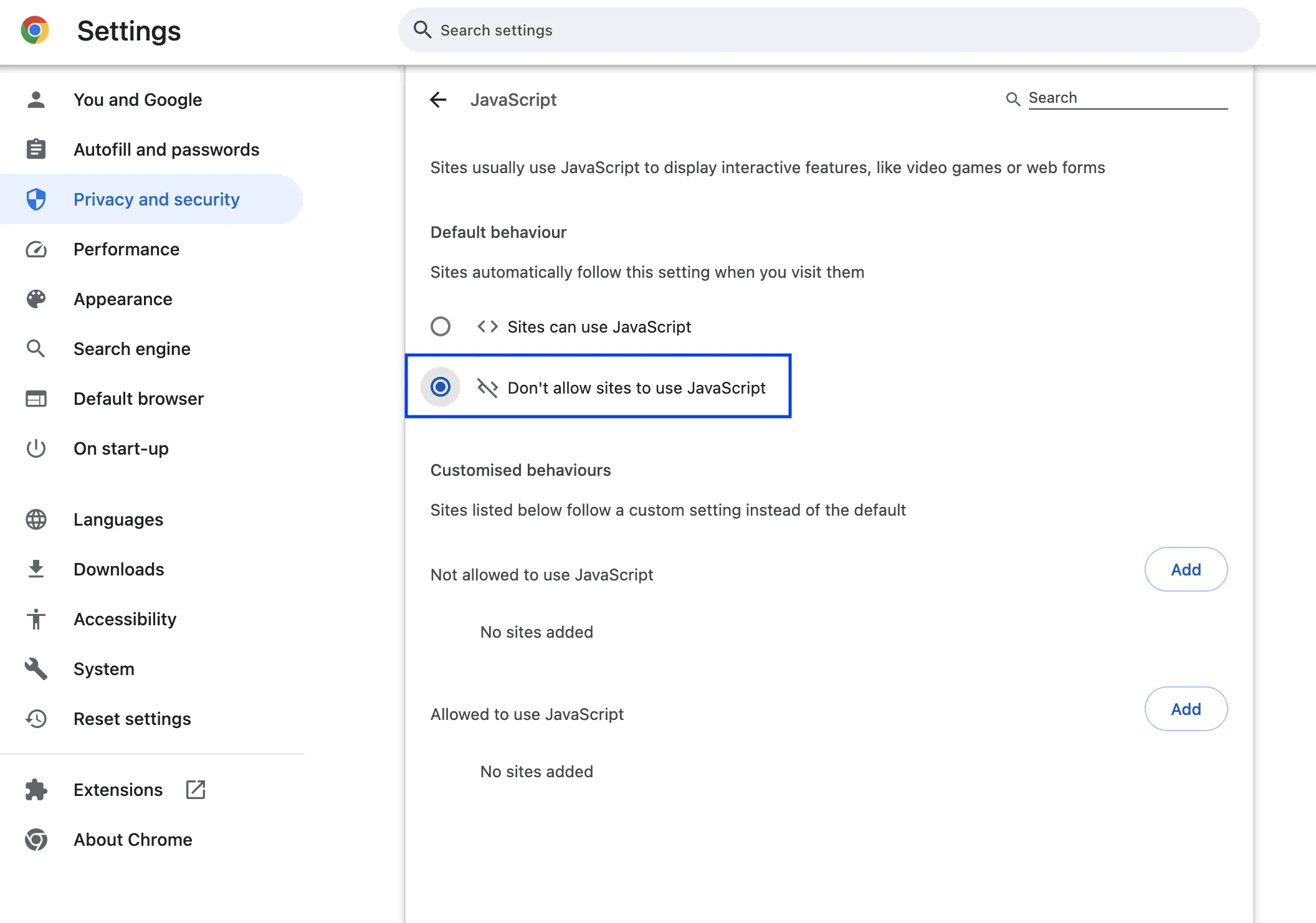 JavaScriptを無効にする