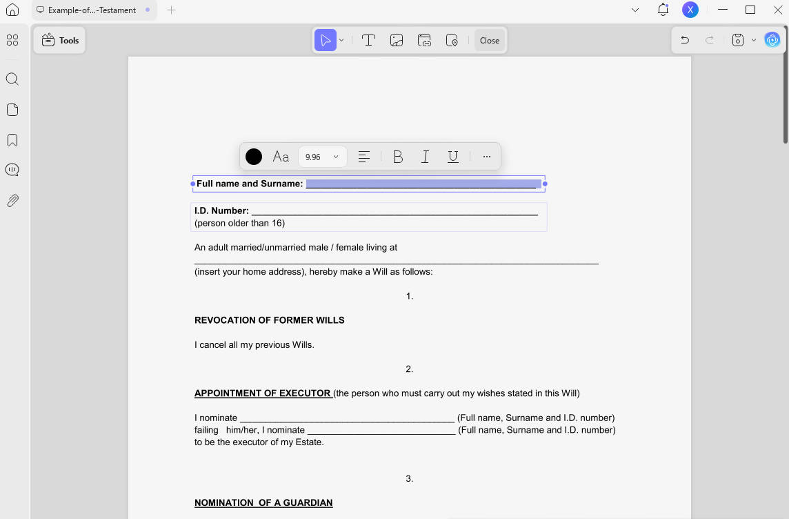 fill the fillable last will and testament PDF template with UPDF