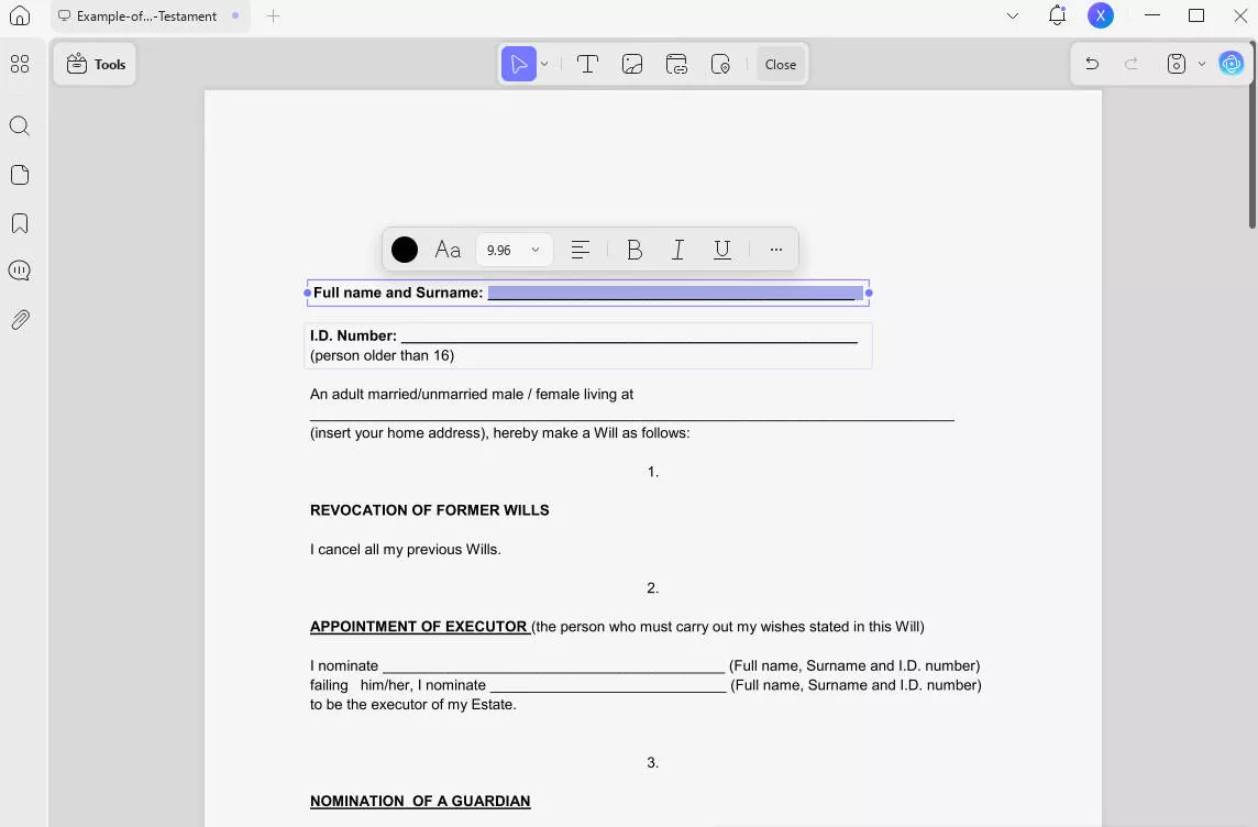 fill the fillable last will and testament PDF template with UPDF