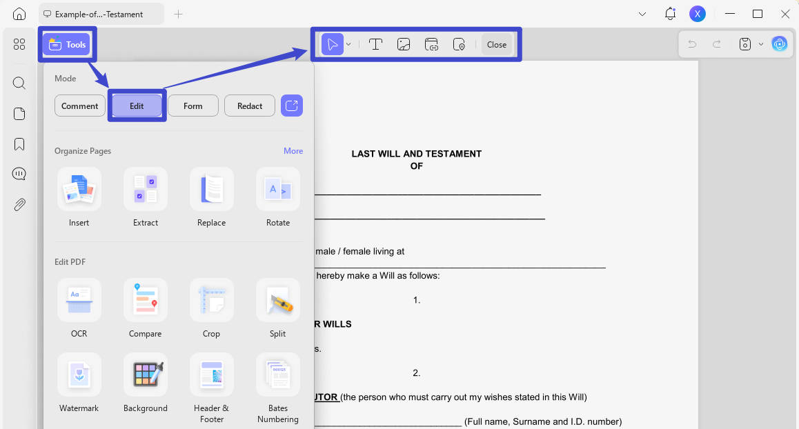 edit the last will and testament PDF template with UPDF