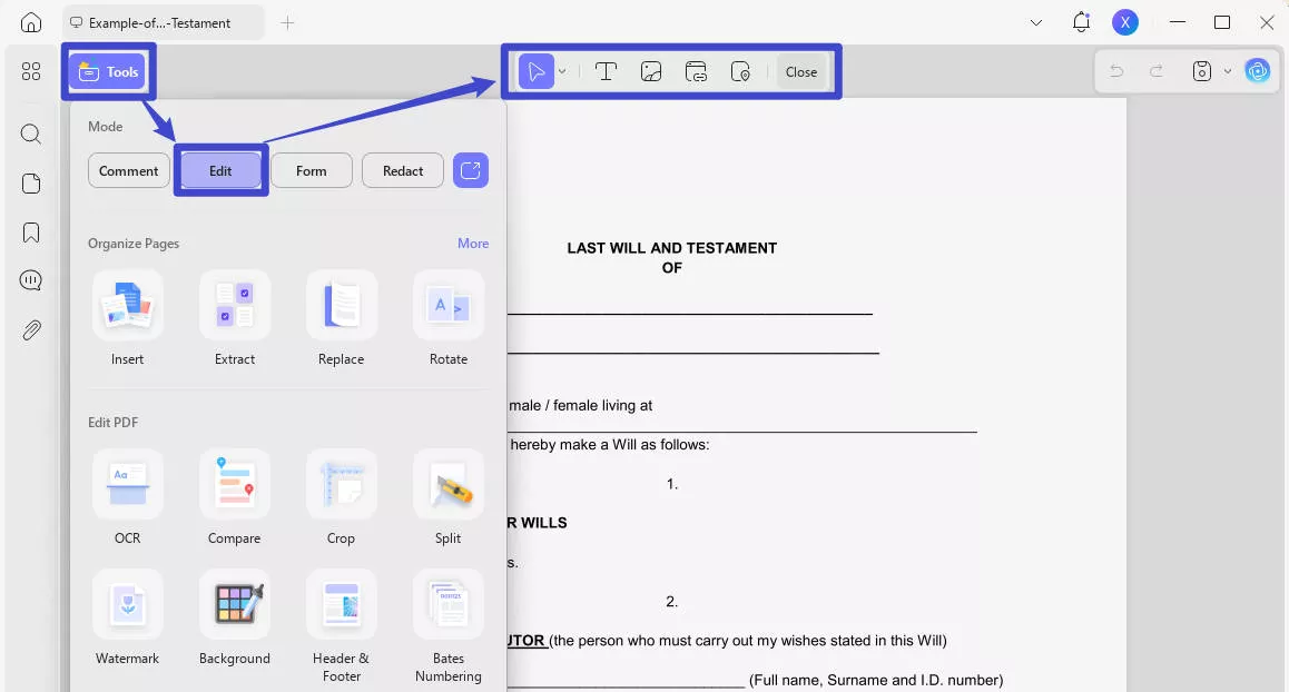 edit the last will and testament PDF template with UPDF
