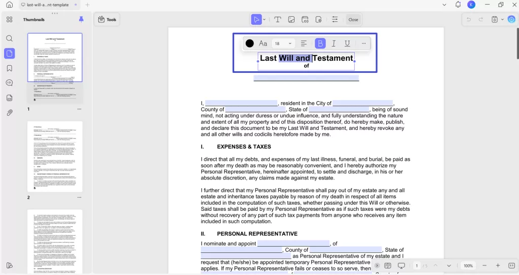 edit last will and testament content