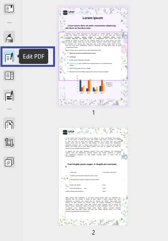 UPDF 中的「編輯 PDF」按鈕