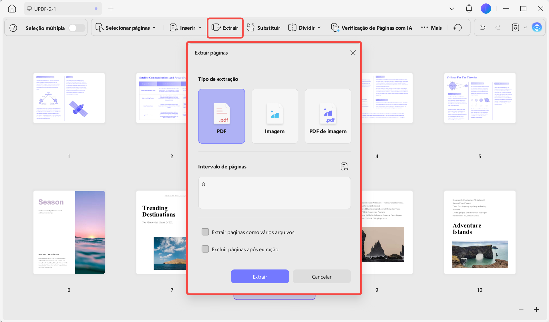 Extrair páginas selecionadas para um novo PDF