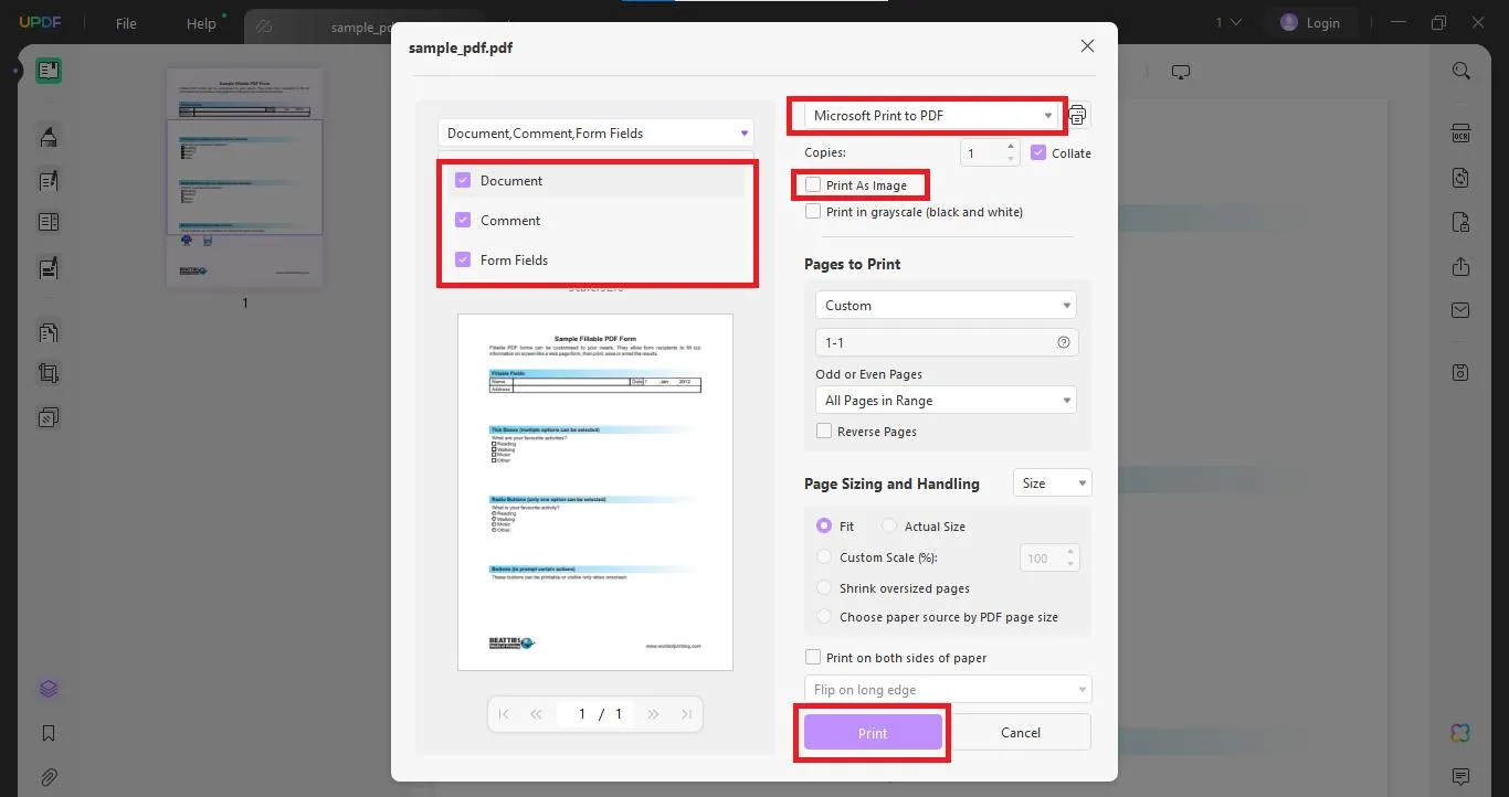 Personalice la configuración de impresión de UPDF para convertir un formulario PDF rellenable en un PDF normal con UPDF