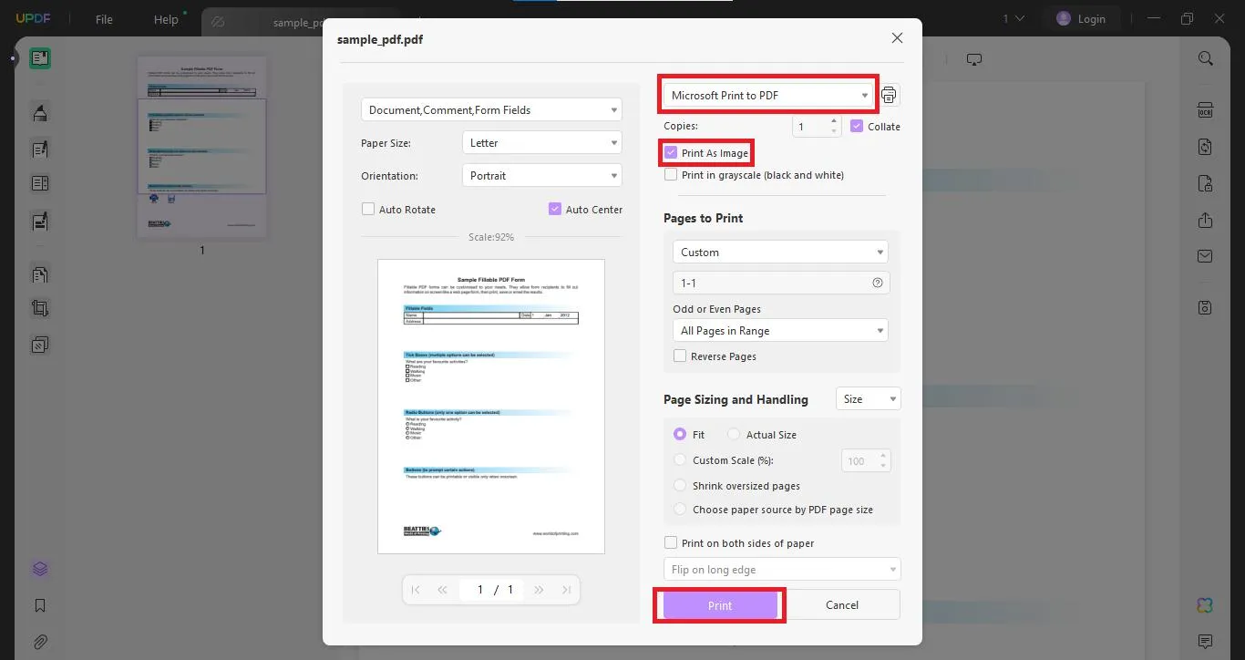 Print as image to convert fillable PDF form to regular PDF with UPDF