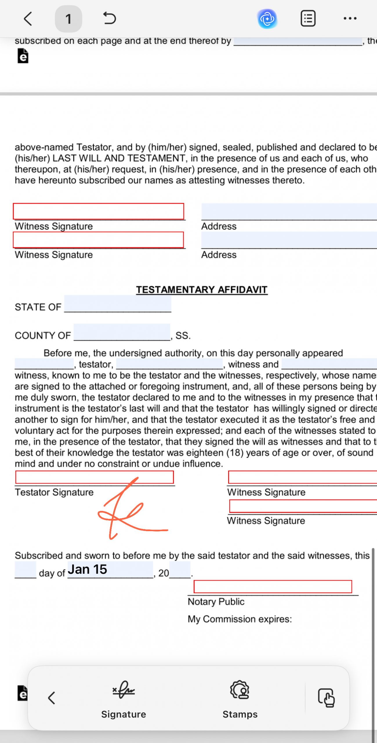 fill the last will and testament template on mobile