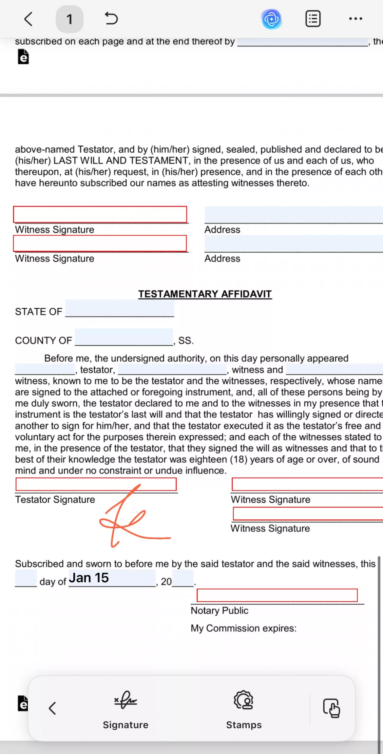 fill the last will and testament template on mobile