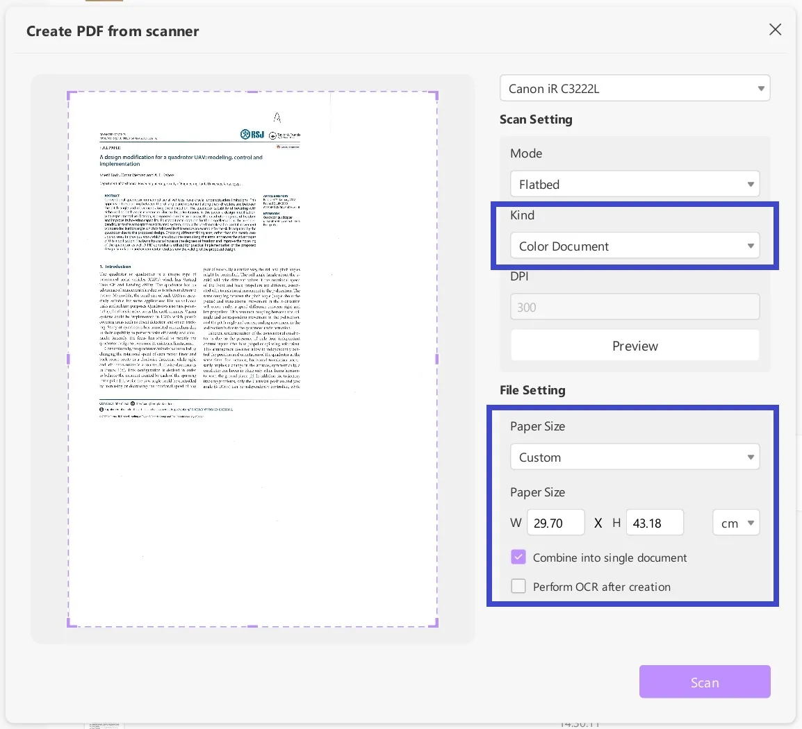 paramètres du scanner à plat