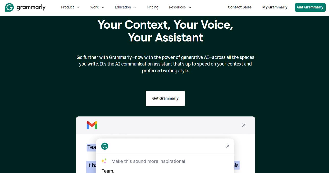 Interfaz del sitio web de Grammarly