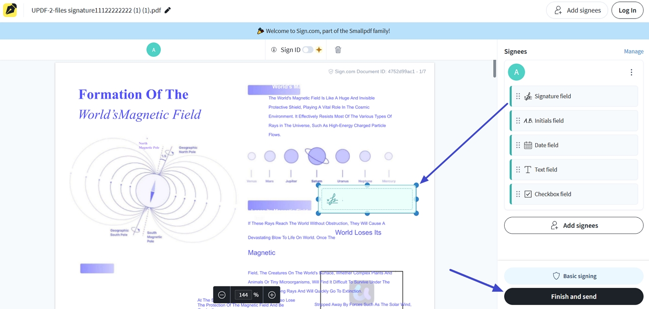 send pdf with signature field