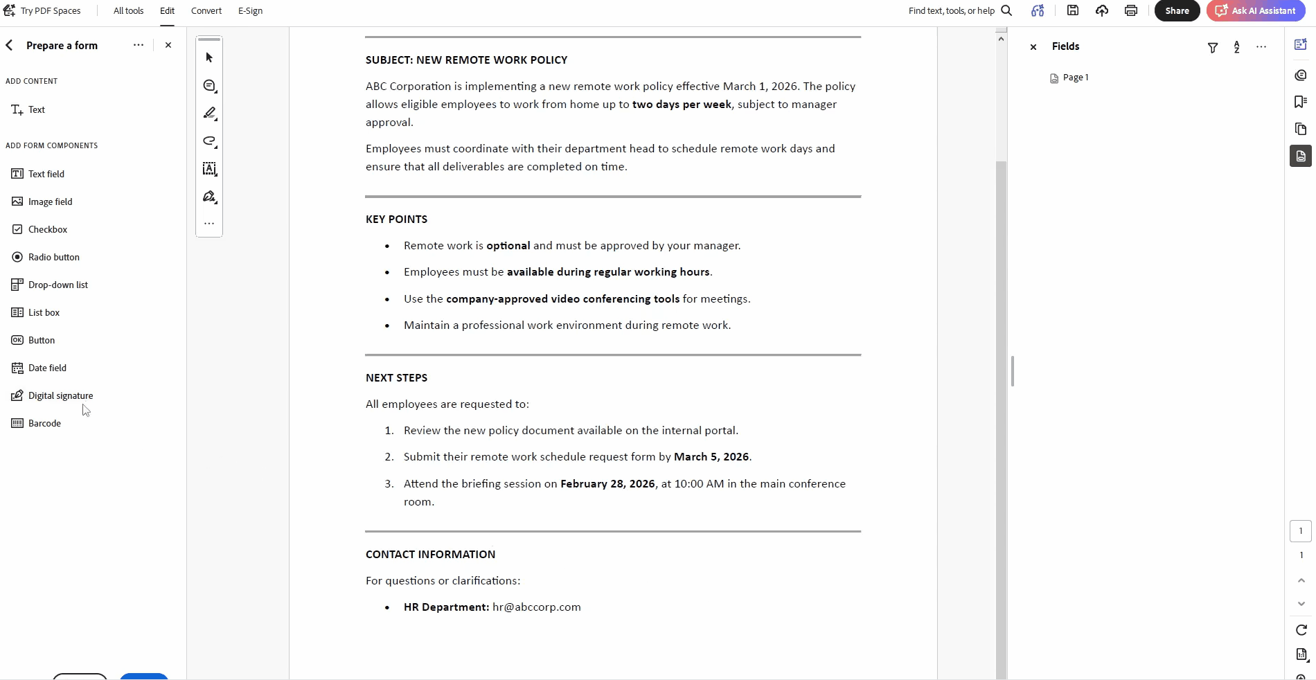 using adobe acrobat create signature field