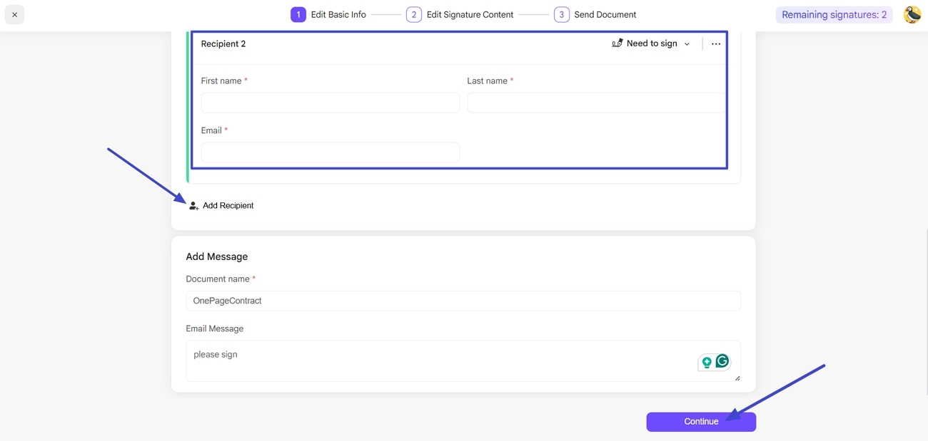 add recipient information sign online