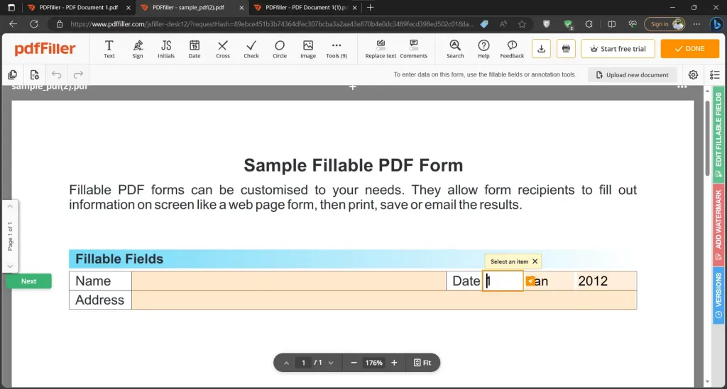 上傳PDF並單擊“可填寫”欄位