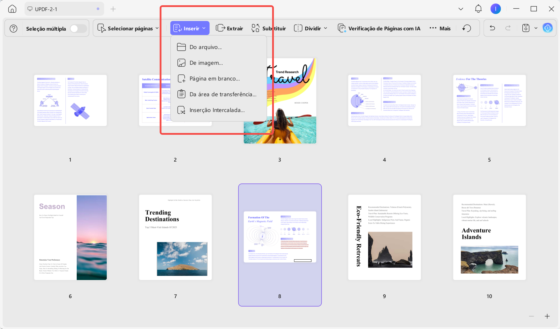 Opções para inserir páginas em um PDF no UPDF