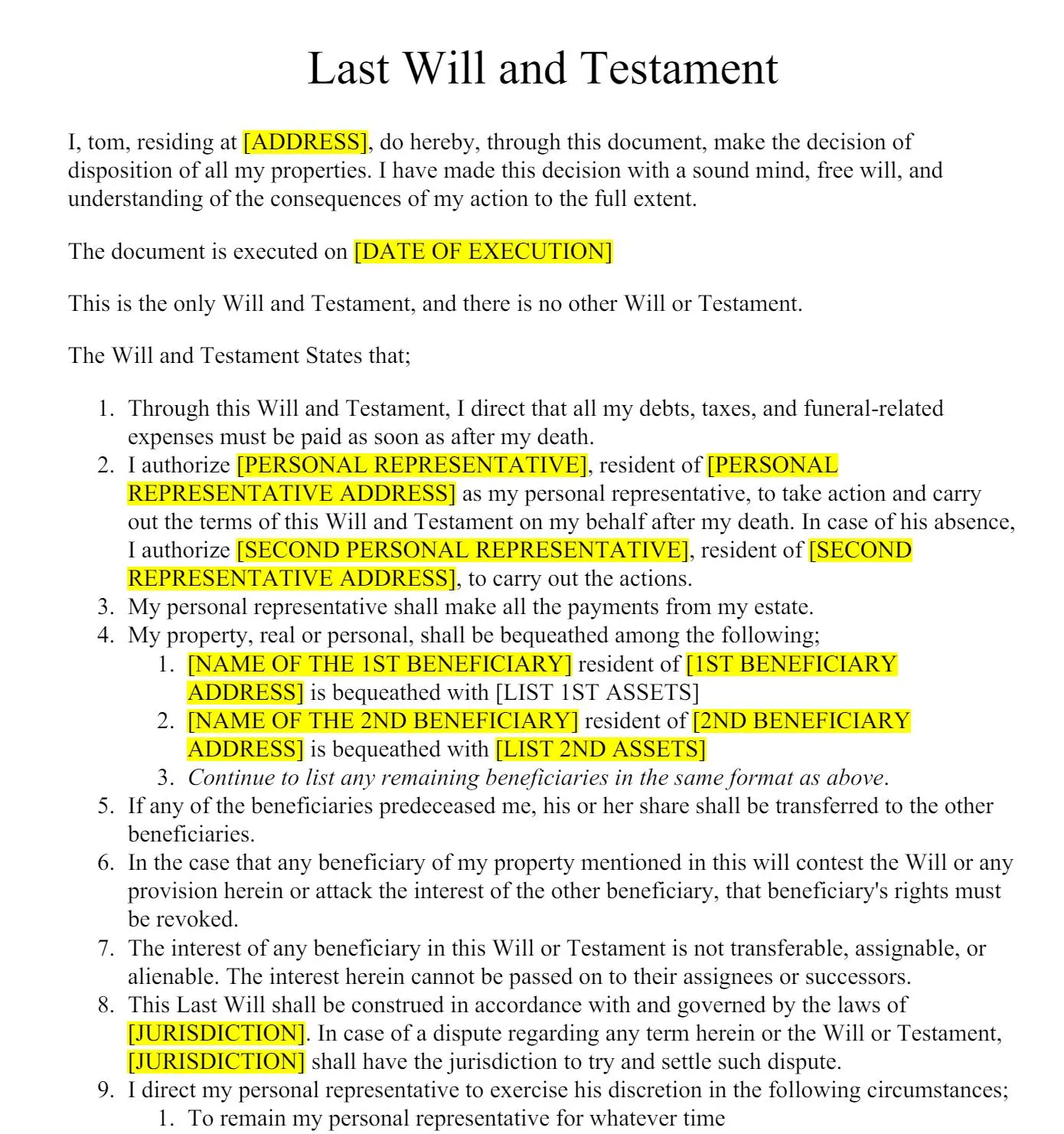 last will and testament PDF template from easyleagaldocs