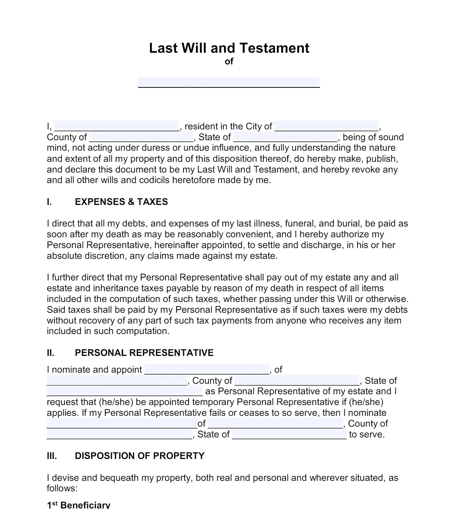 Last Will and Testament from eForms