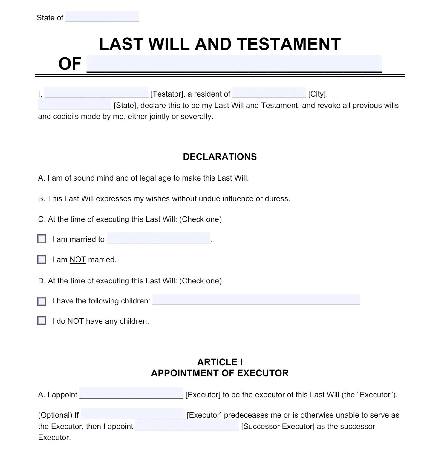 last will and testament PDF template from legaltemplates.net