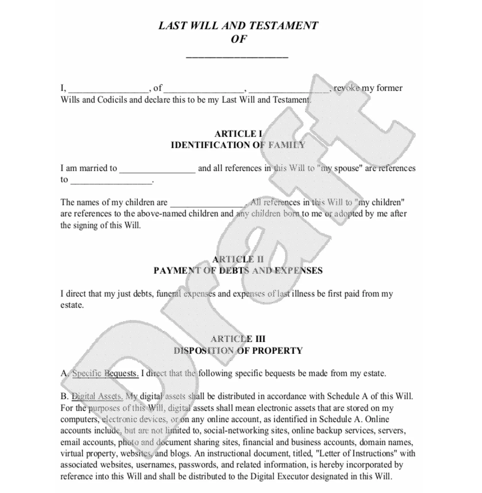 last will and testament PDF template from rocketlaywer