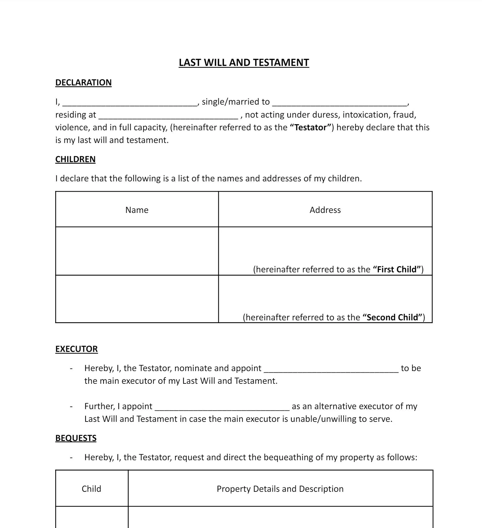 Last Will and Testament PDF Template from signaturely