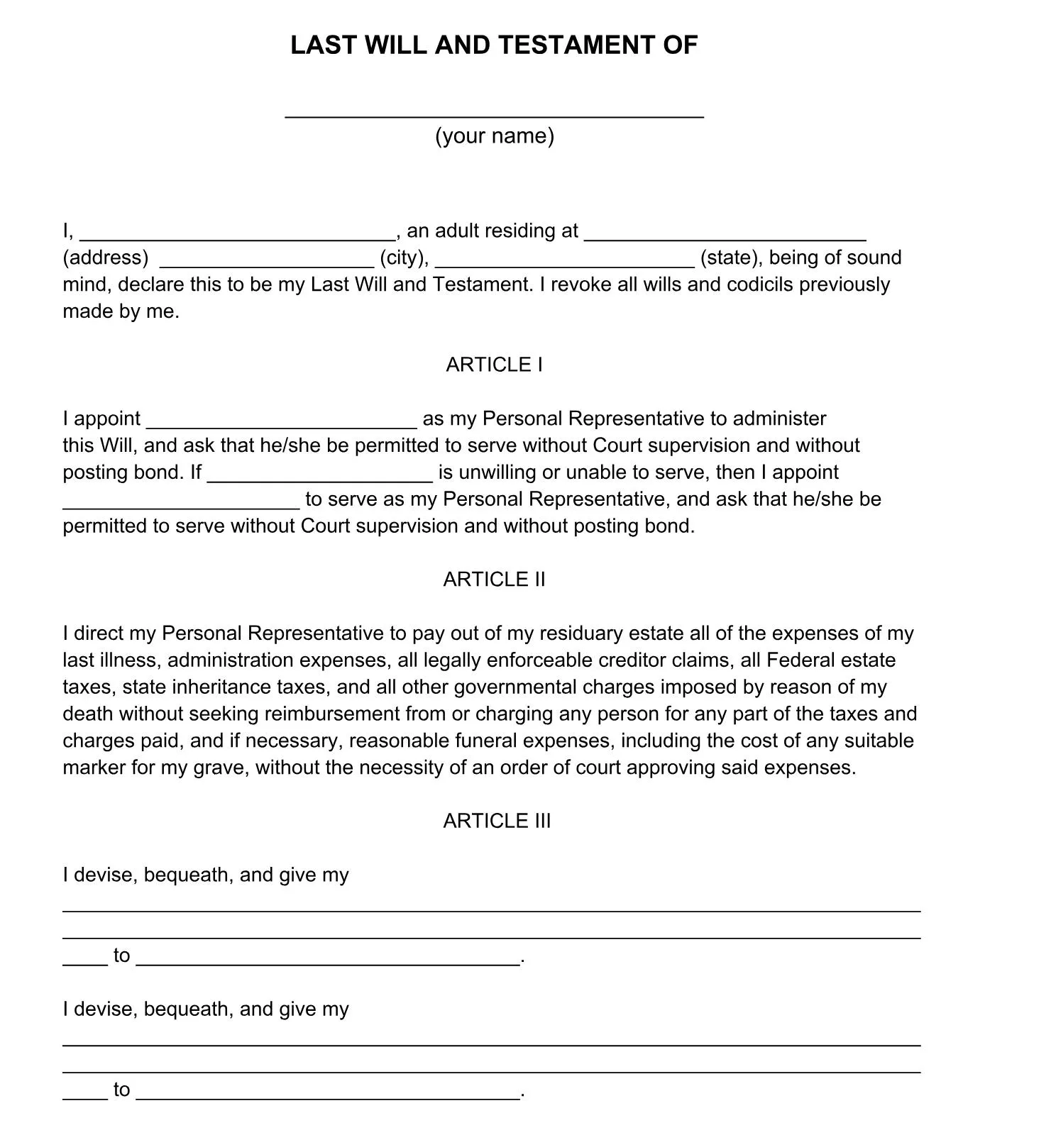 simple PDF template for last will and testament from UPDF