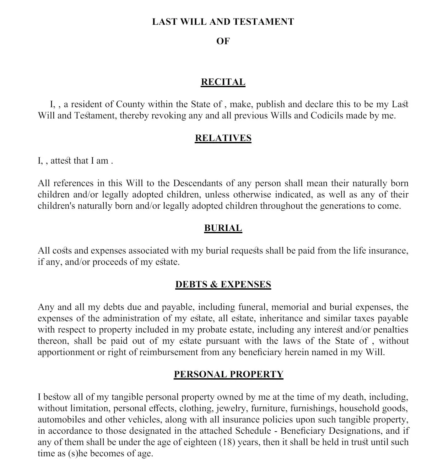 PDF template for last will and testament from UPDF with properties