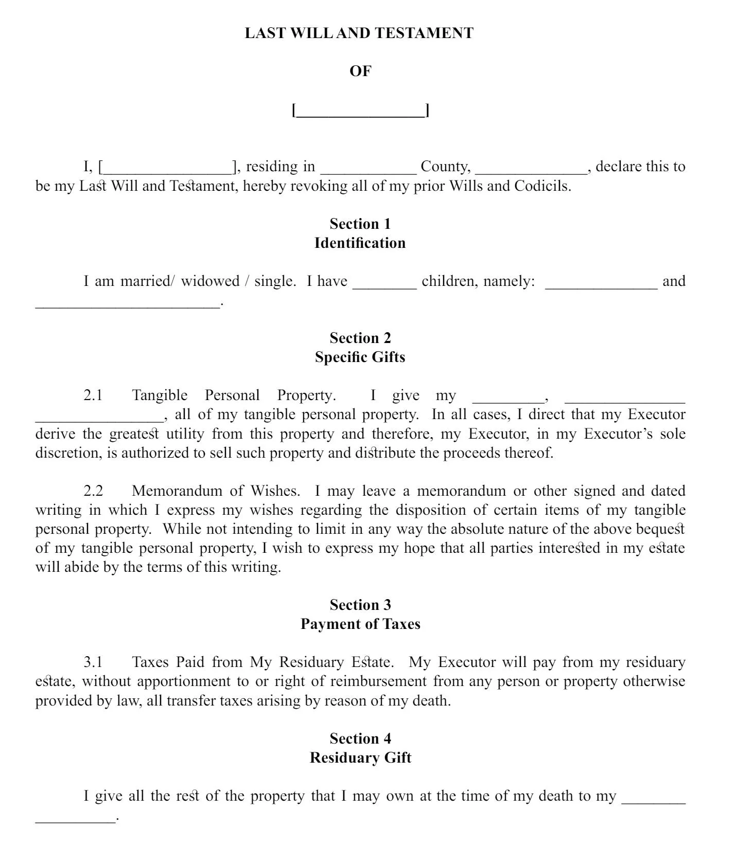 PDF template for last will and testament from UPDF with clear structure