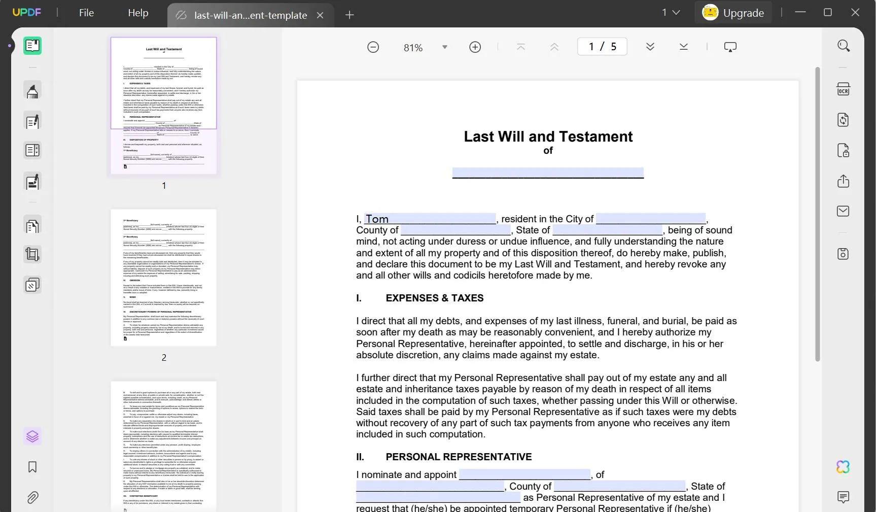 fill the fillable last will and testament PDF template with UPDF