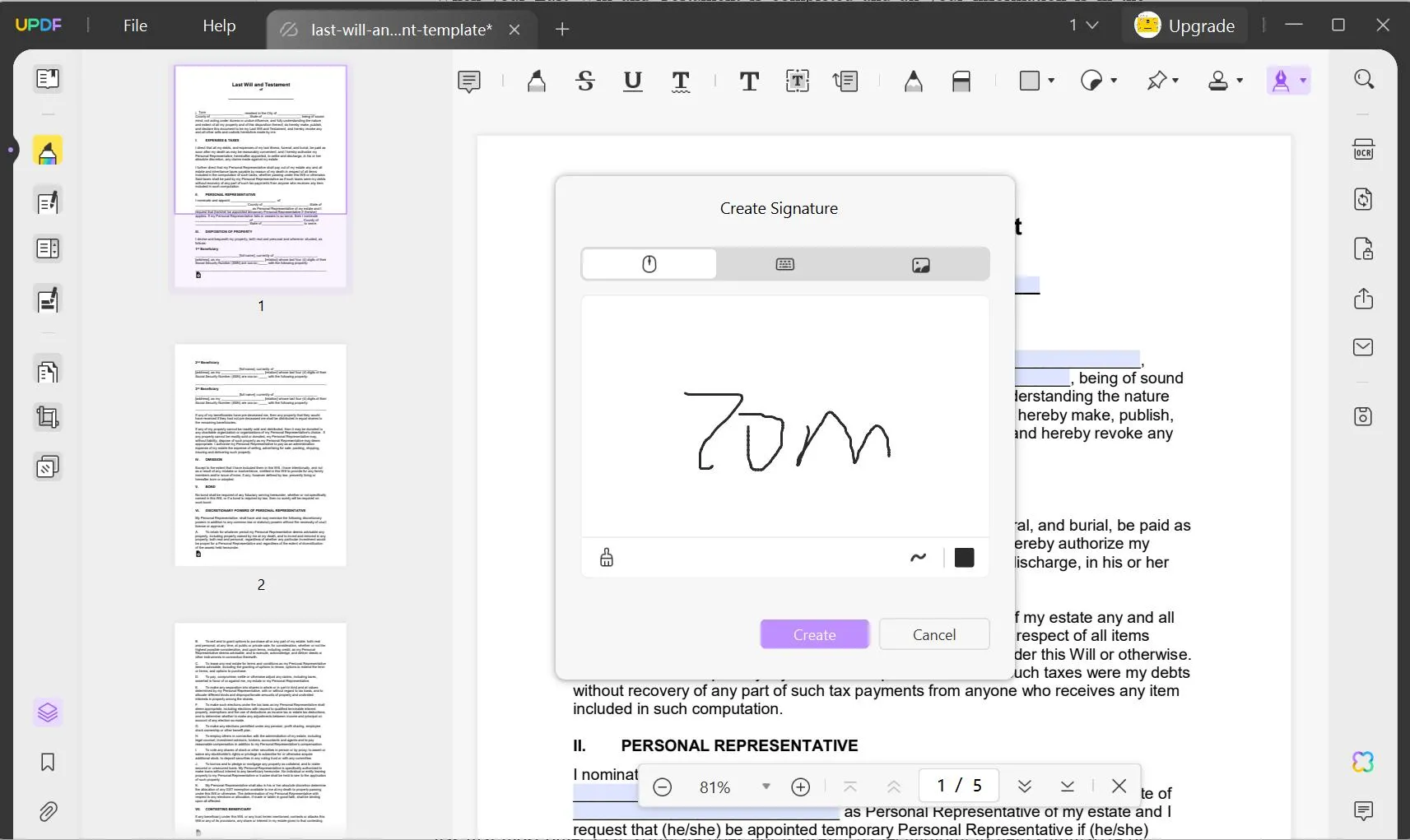 sign the last will and testament template in PDF with UPDF