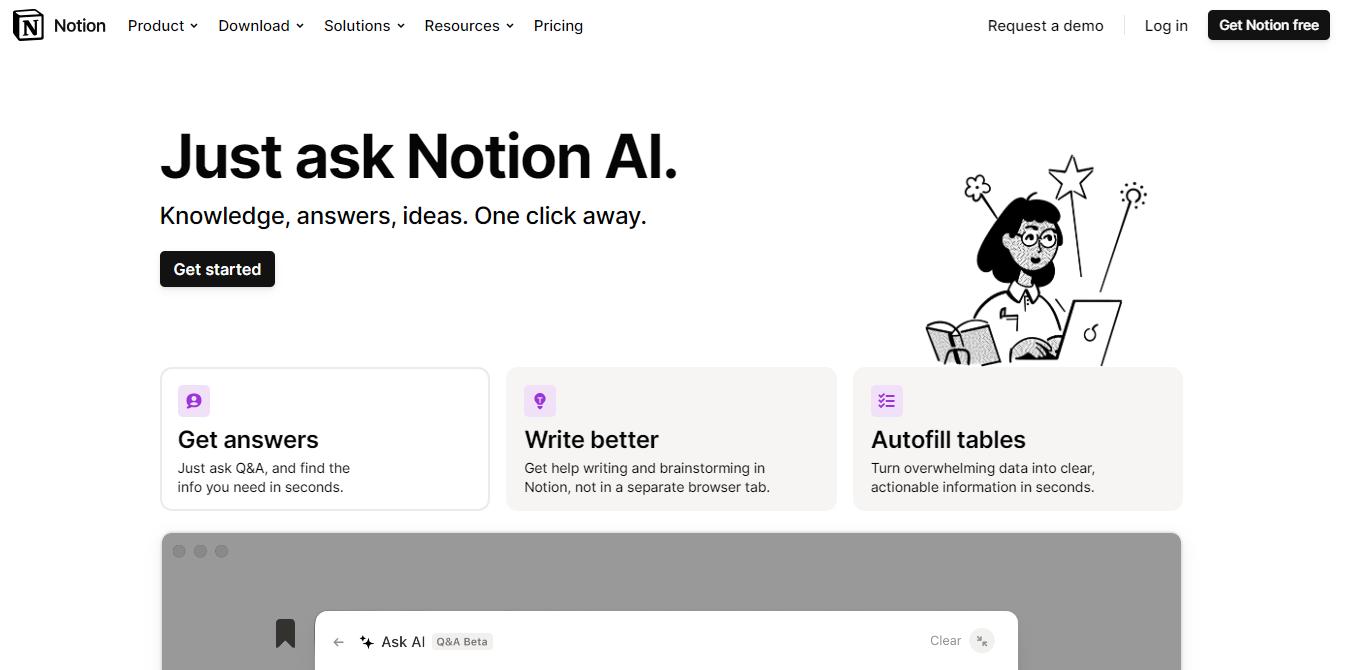 Interfaz del sitio web de Notion AI
