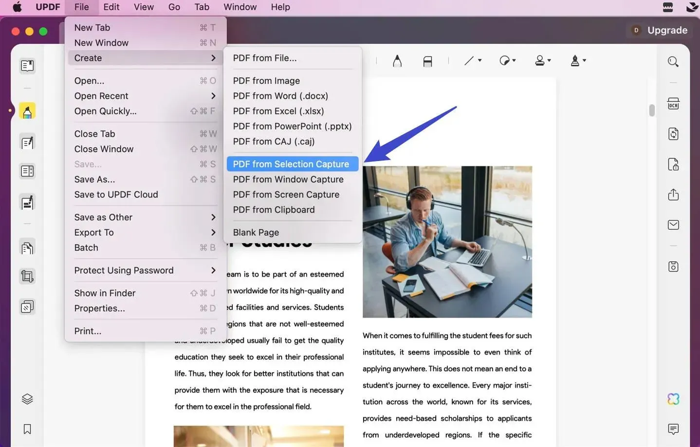 Captura de pantalla a PDF para Mac Haga clic en Crear y elija PDF de la selección Capturar