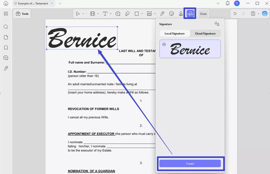 sign the last will and testament template in PDF with UPDF